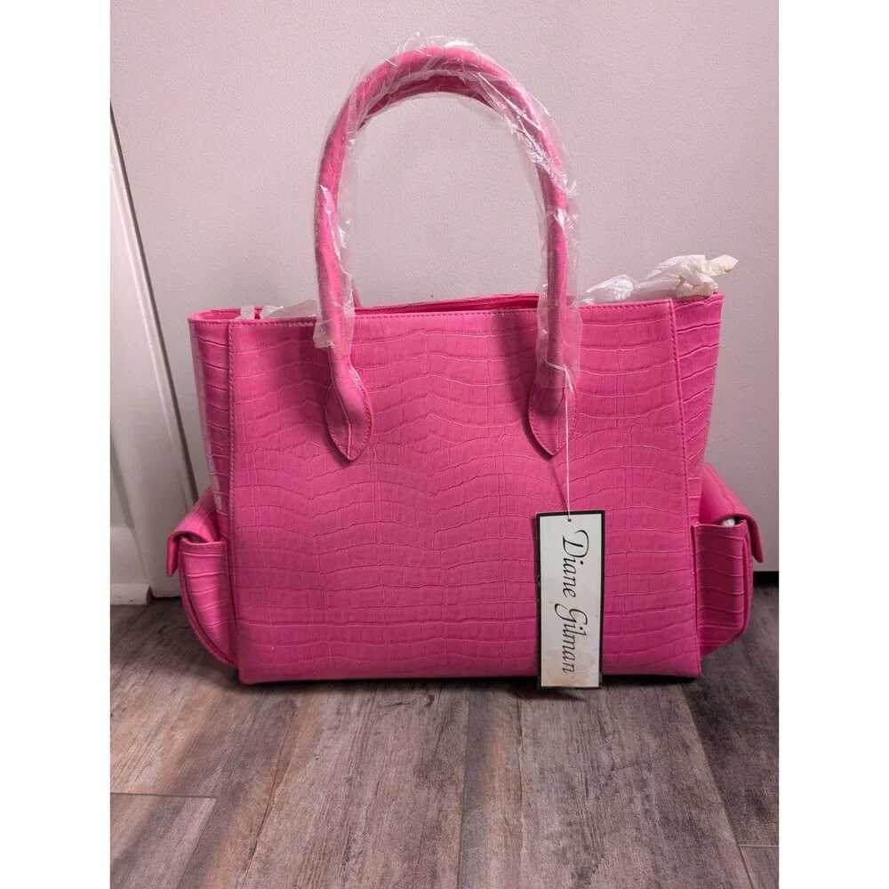 NWT NEW Diane Gilman Tote Faux Crocodile Leather Hot Pink XL Tote Bag Purse - Picture 1 of 13